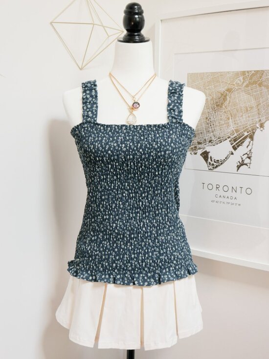 Tops - Teal Daisy Print Ruffle Sleeveless Tank Top, Smocked Stretchy Summer Cottagecore